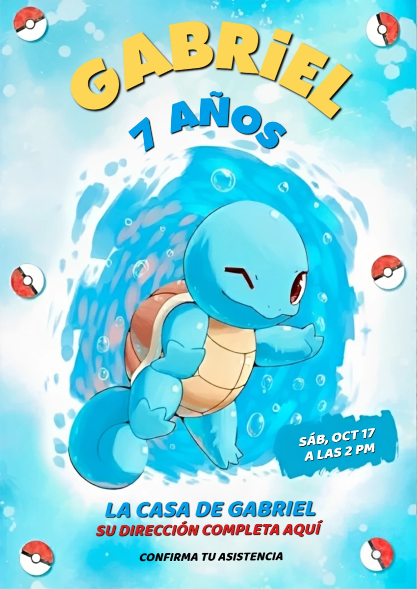 Invitación de Cumpleaños de Squirtle Pokémon para Editar