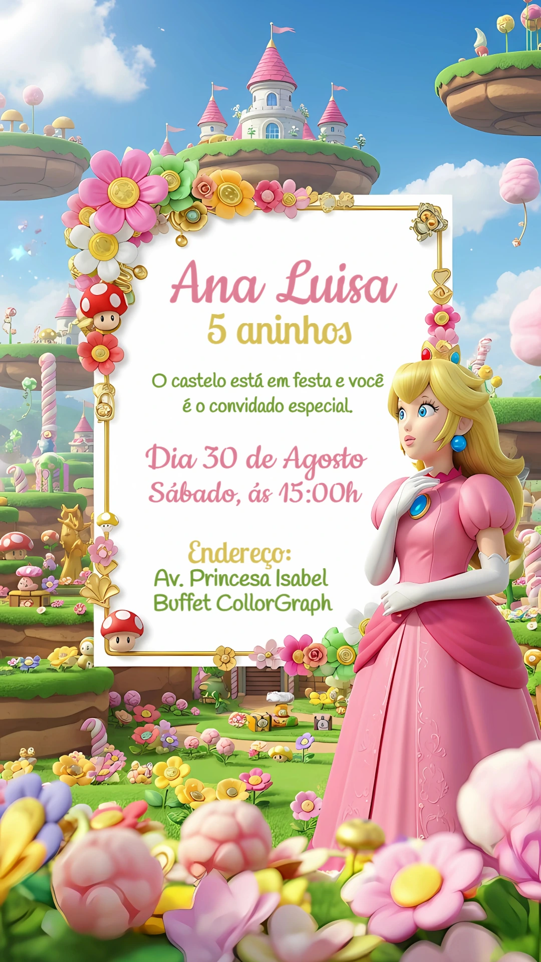 Convite de Aniversário Princesa Peach Editável Online