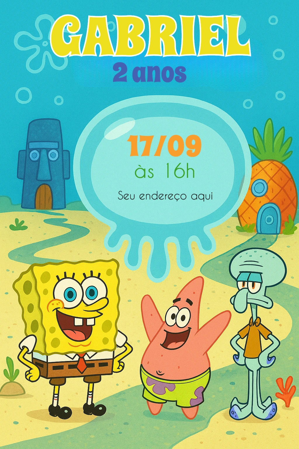 Convite Aniversário Bob Esponja com a Turma para Editar Online
