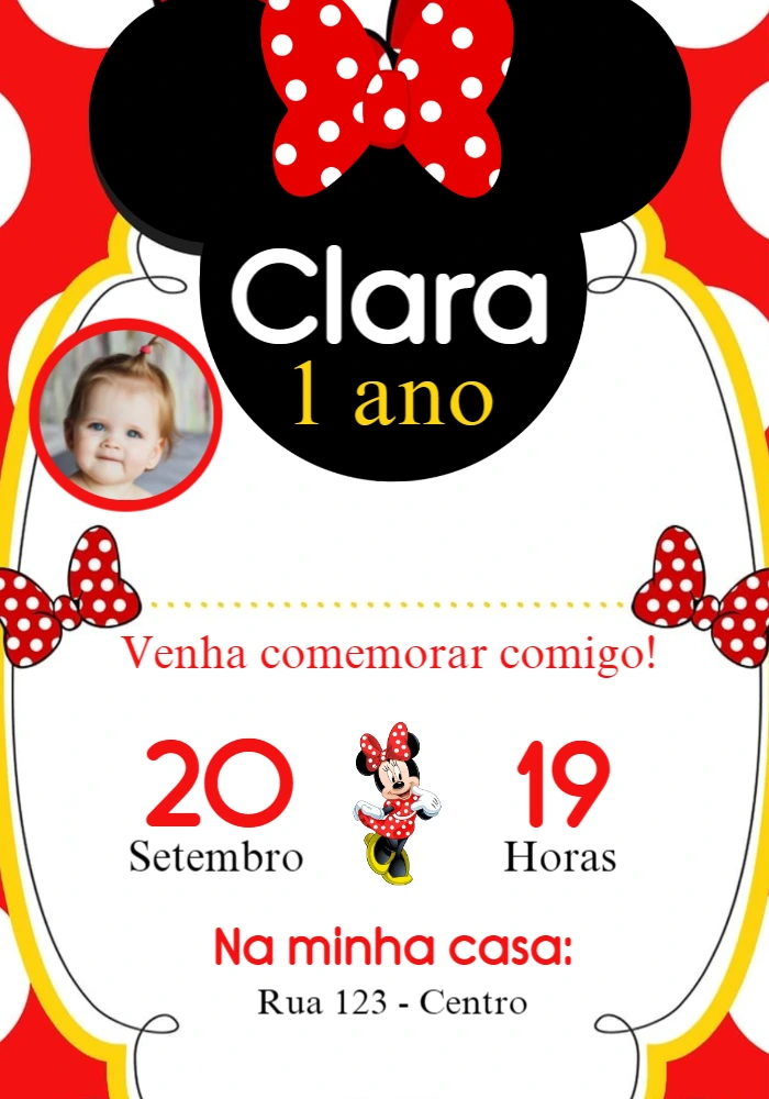 Convite Aniversário Minnie Vermelha com Foto para Editar Online