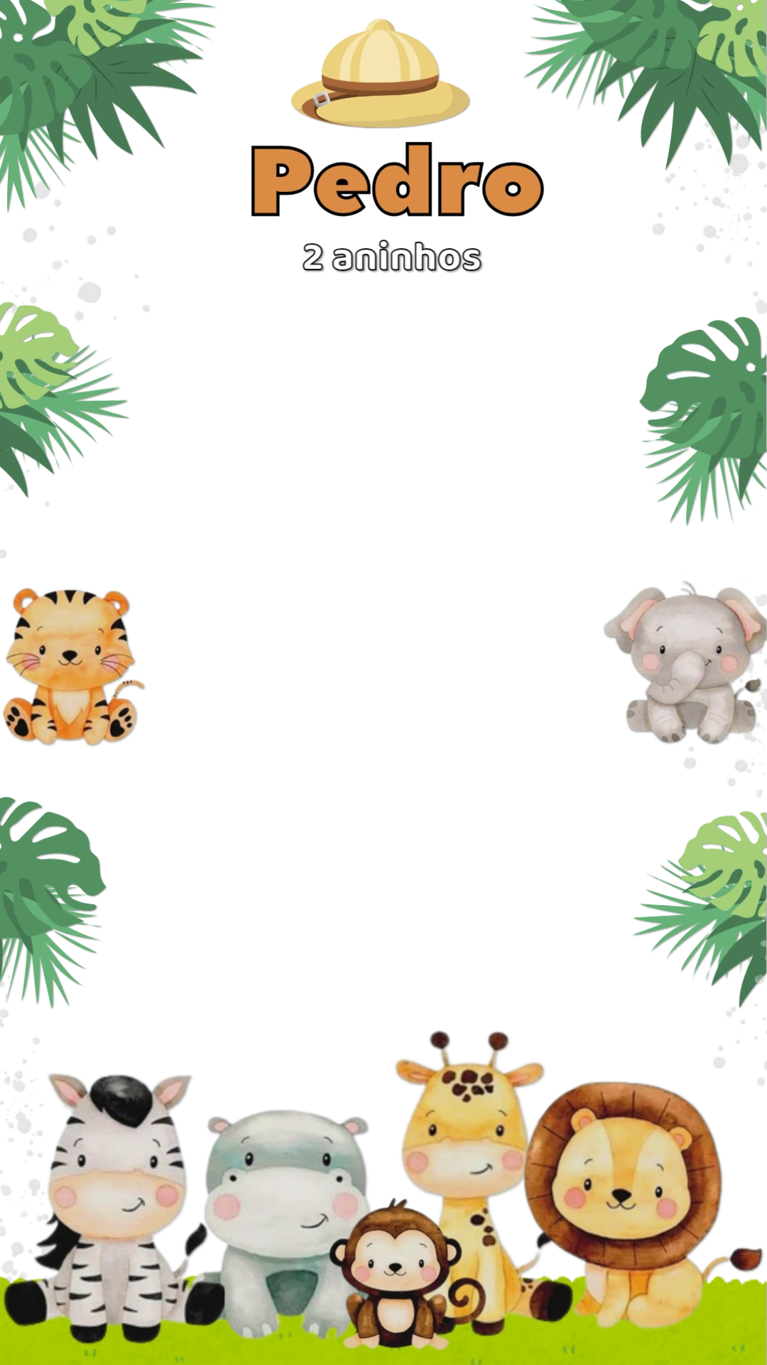 Moldura Aniversário Safari com Animais para Editar Online