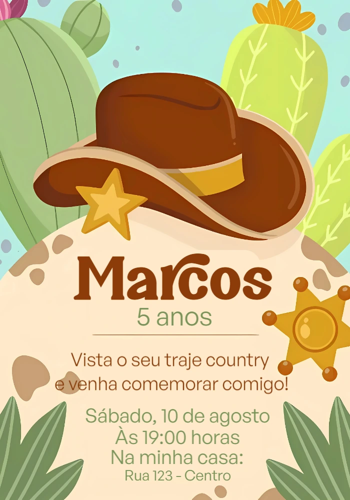 Convite Aniversário Country Vaqueiro para Editar Online