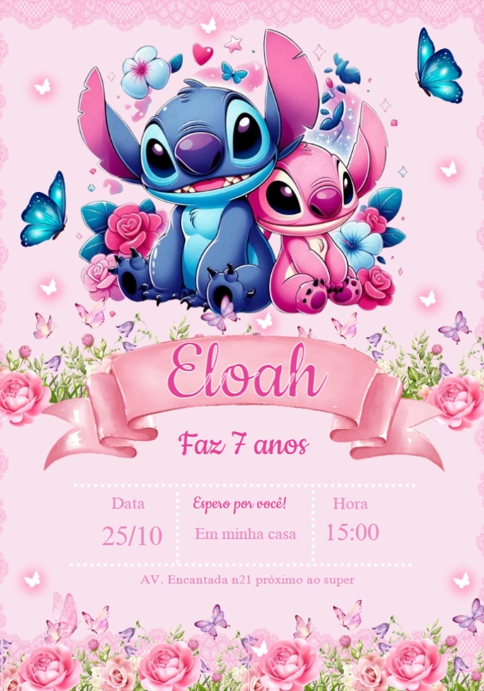Convite Aniversário Stitch e Angel para Editar Online