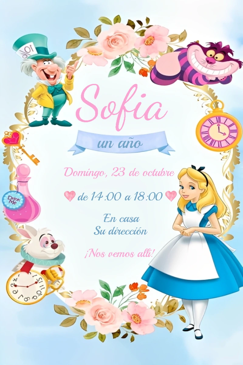 Invitación de Cumpleaños de Alicia en el País de las Maravillas para Editar