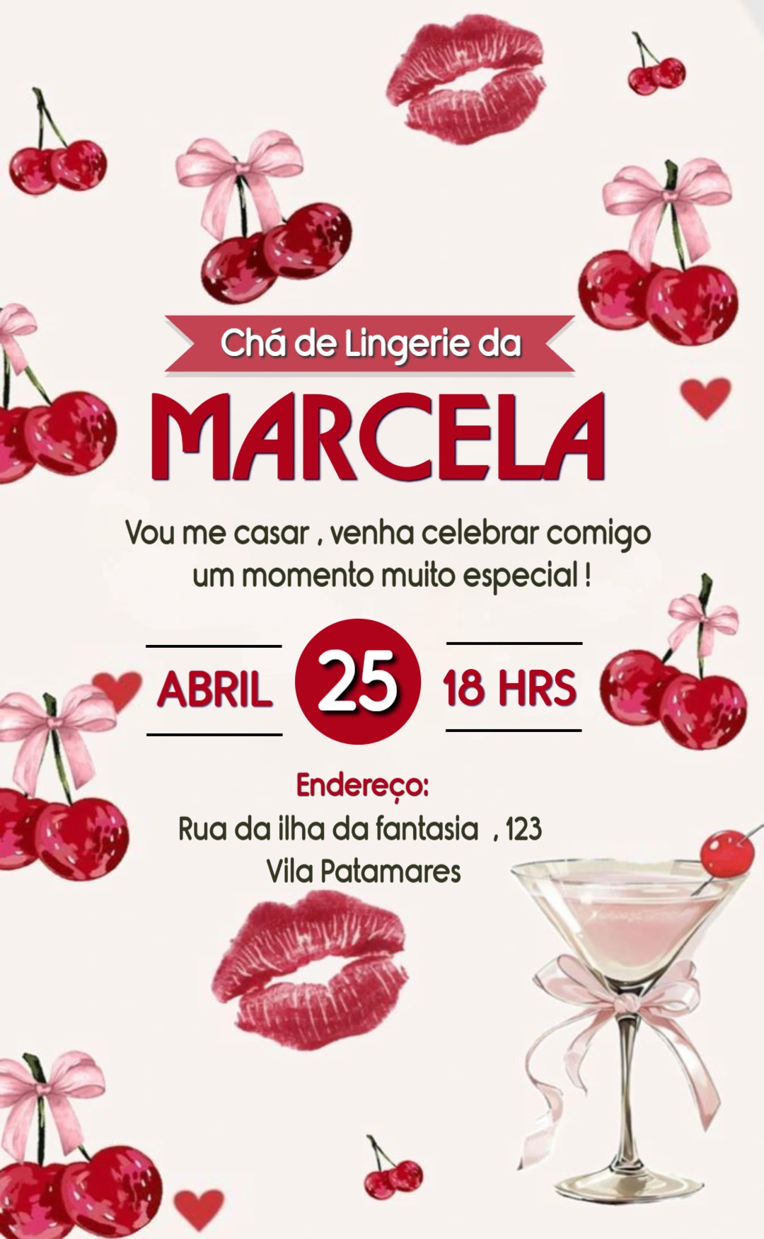 Convite Chá de Lingerie Cereja e Beijos para Editar