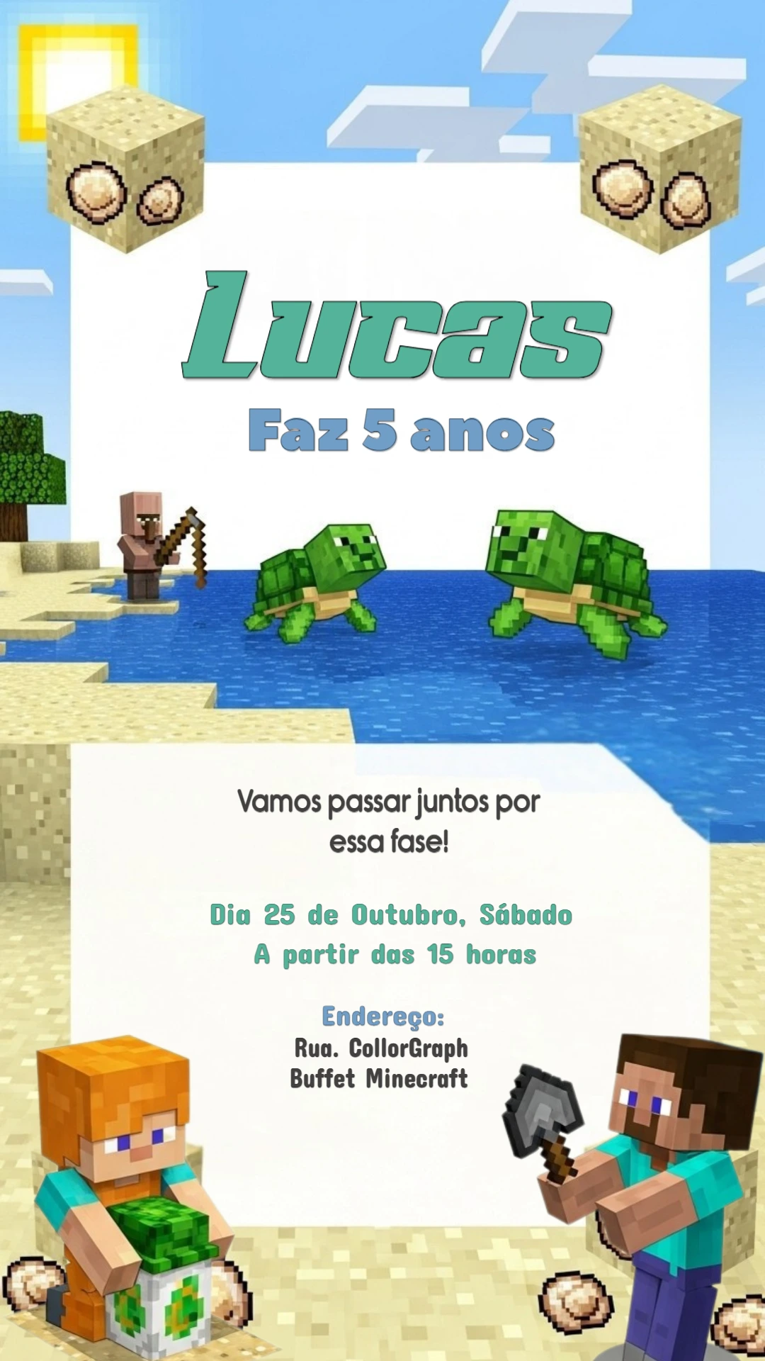 Convite de Aniversário Minecraft com Personagens para Editar Online