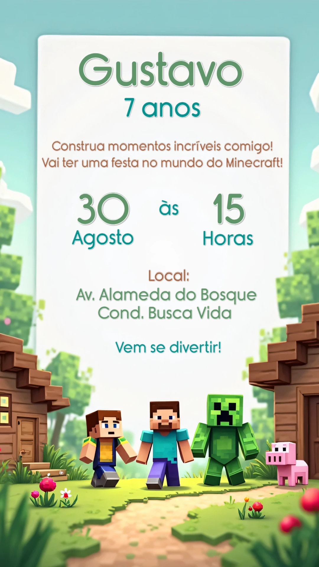 Convite de Aniversário Minecraft com Personagens para Editar
