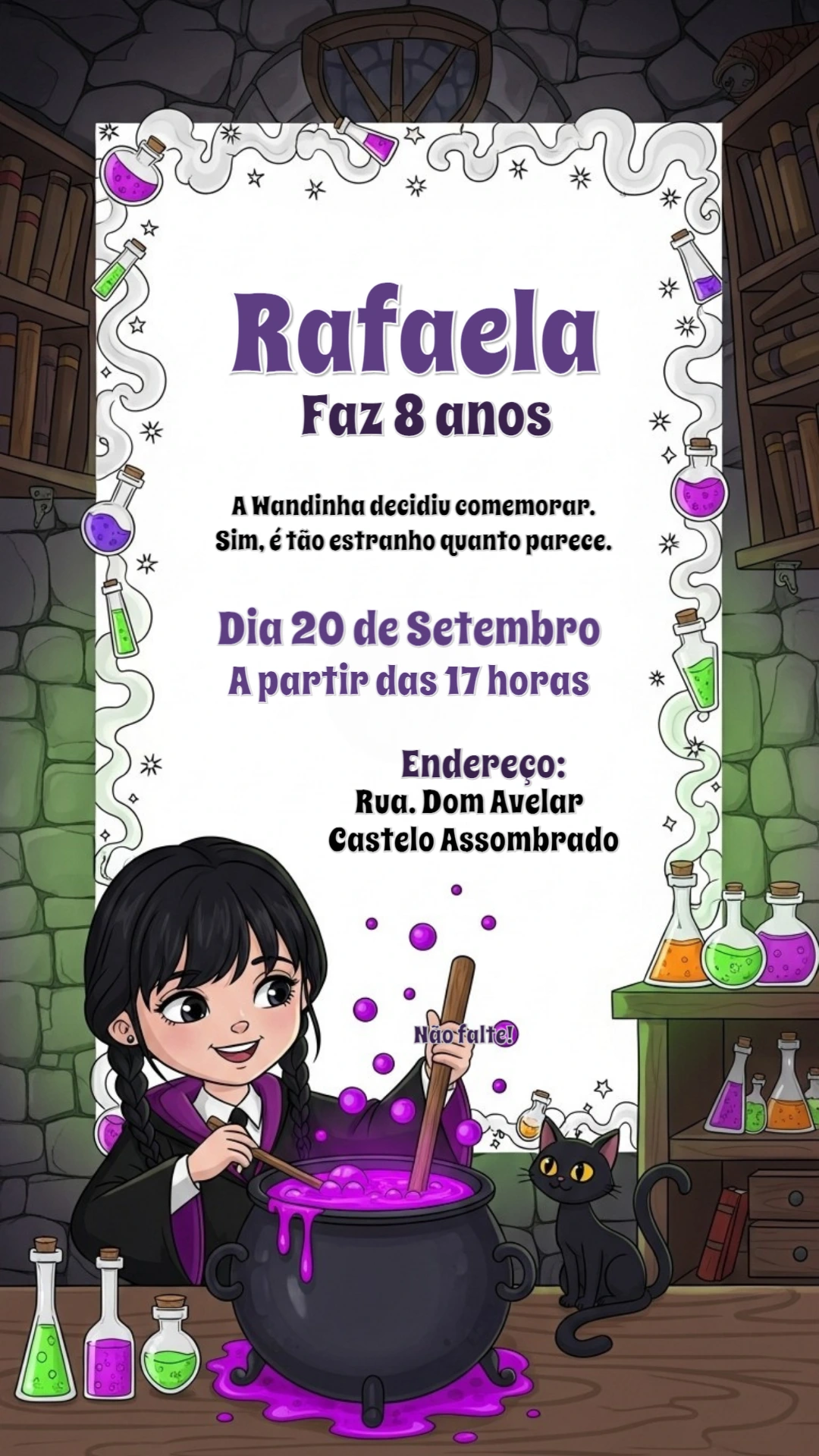 Convite Aniversário Wandinha Addams Feiticeira para Editar Online