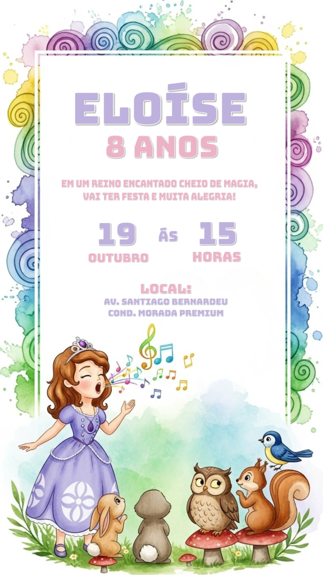 Convite Aniversário Princesa Sofia e Animais para Editar