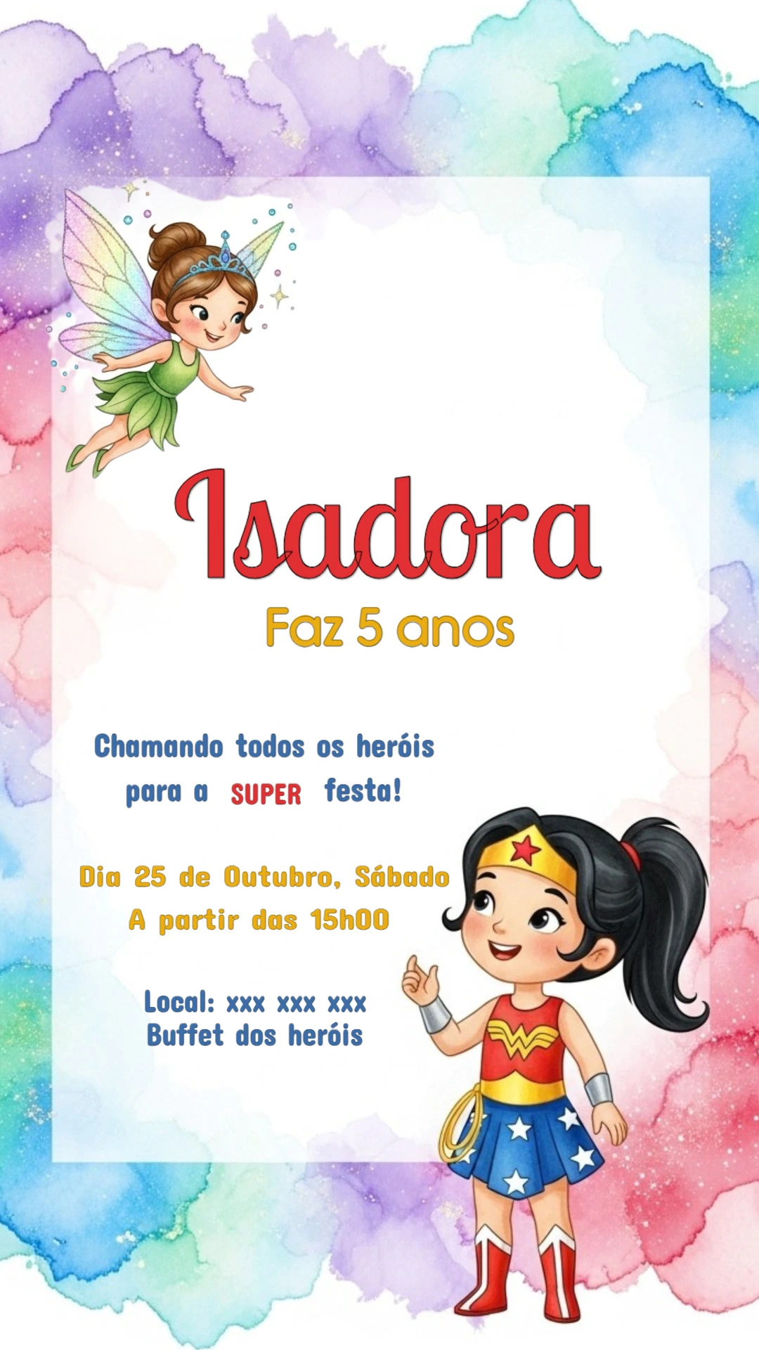 Convite Aniversário Mulher Maravilha Cute para Editar Online