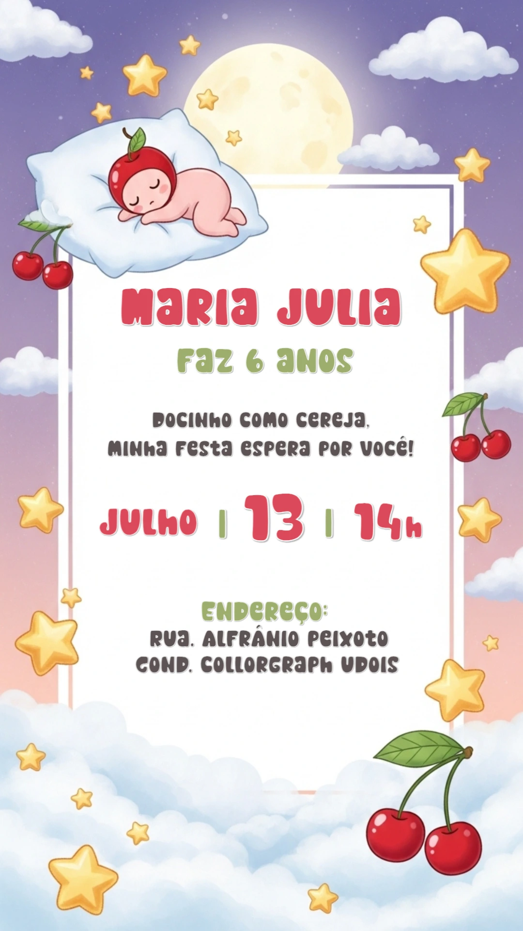 Convite de Aniversário Cereja Doce Soninho Editável Online