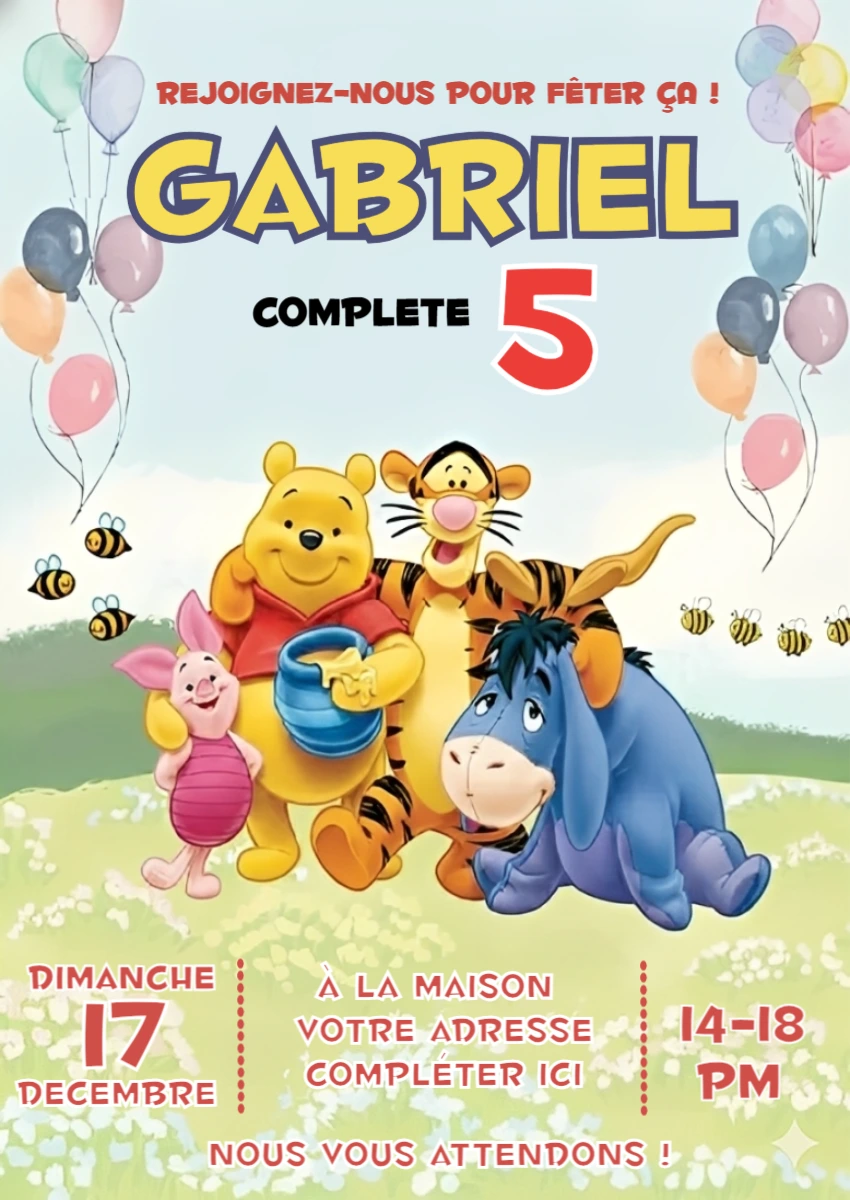 Invitation Anniversaire Winnie l'ourson à Éditer en Ligne