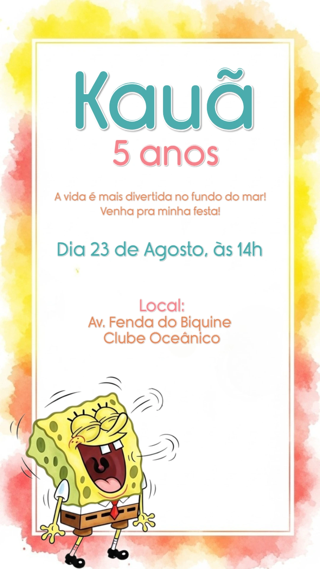 Convite de Aniversário Bob Esponja para Editar Online