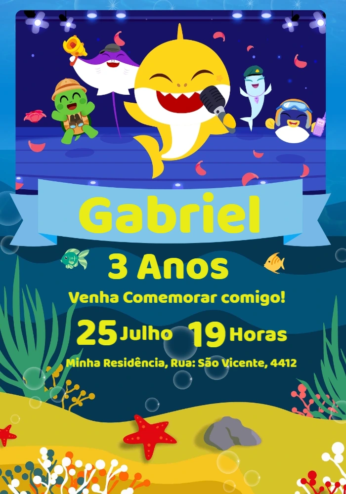 Convite de Aniversário Baby Shark para Editar Online