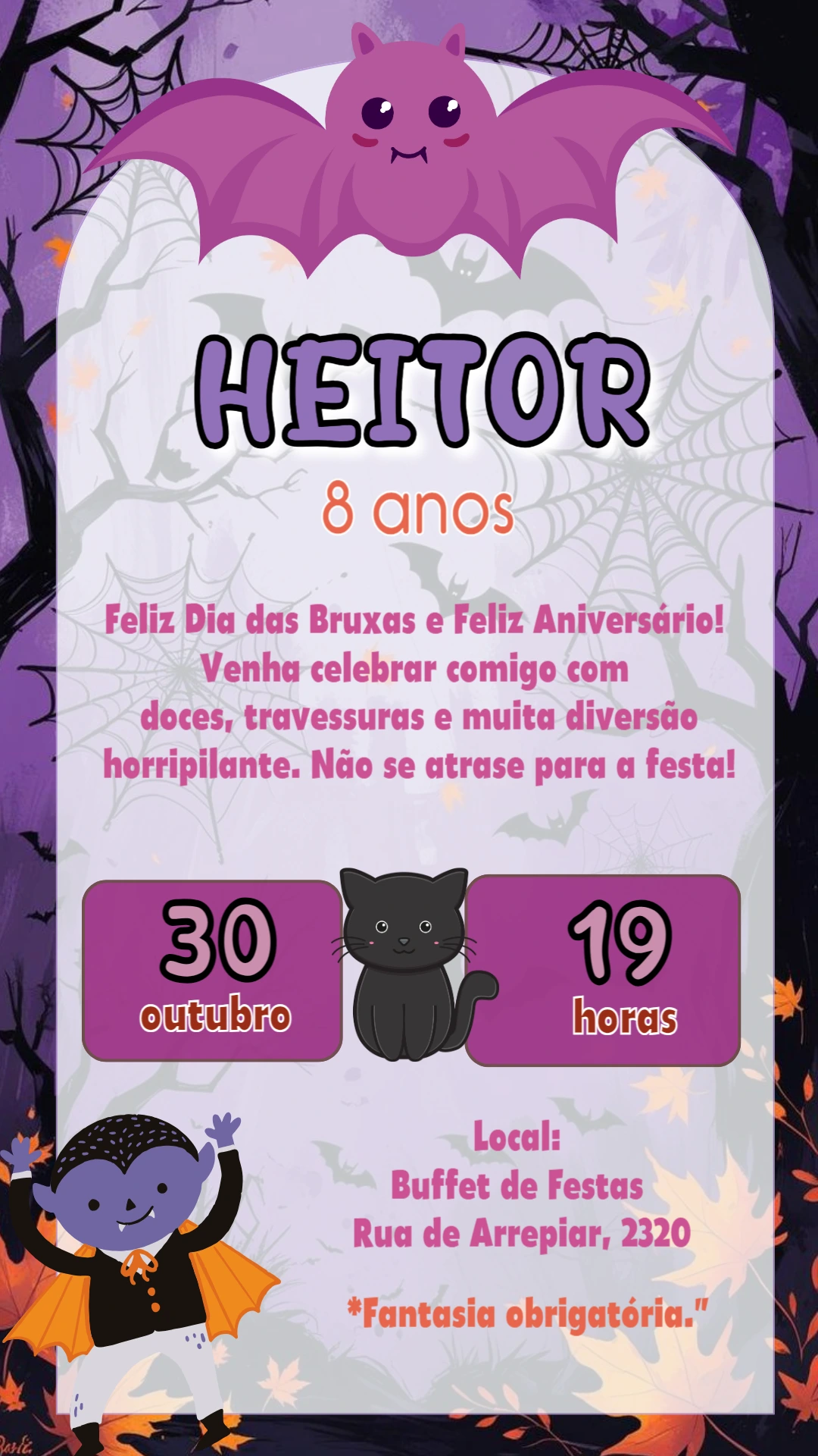 Convite de Aniversário Halloween com Morcego Fofo para Editar