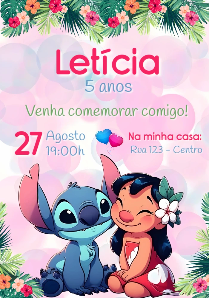 Convite de Aniversário Lilo e Stitch para Editar Online