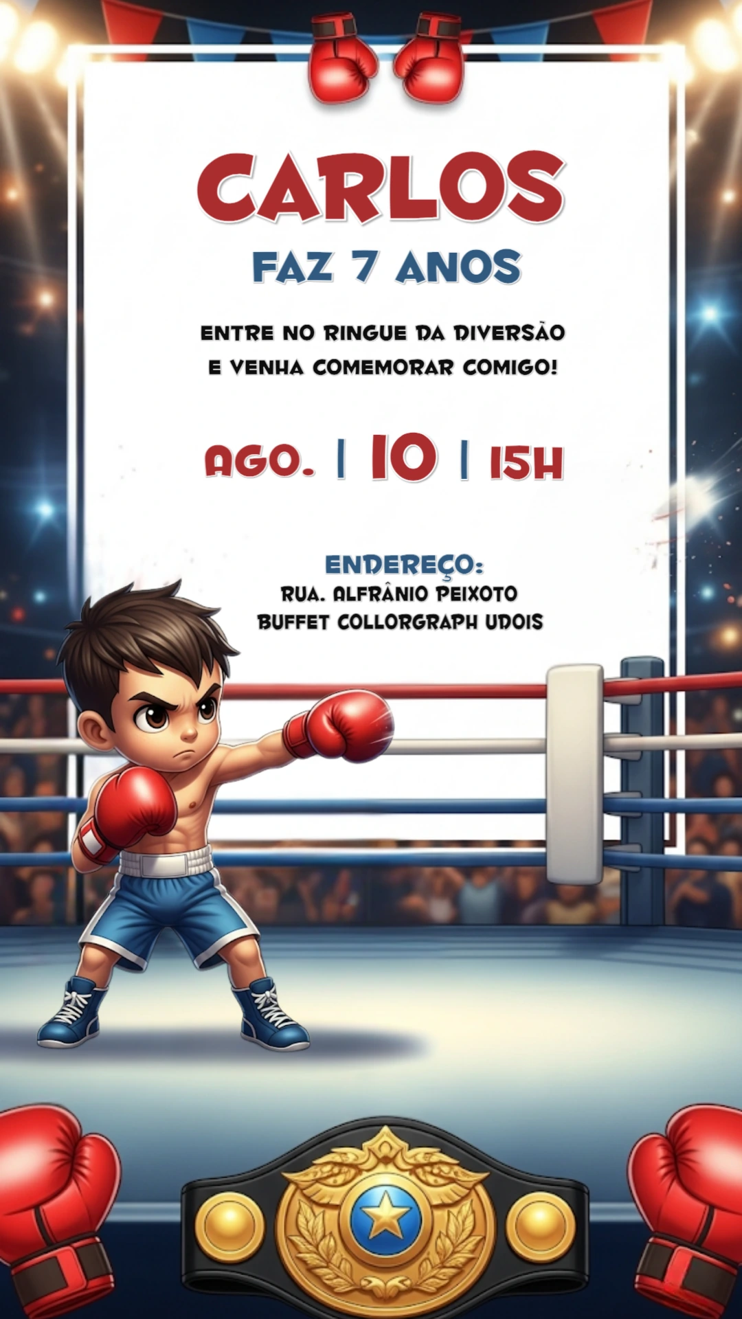 Convite de Aniversário Boxe Lutador para Editar Online