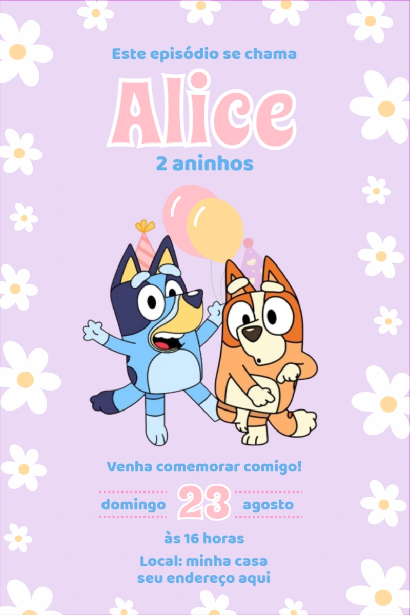 Convite de Aniversário Bluey e Bingo para Editar Online