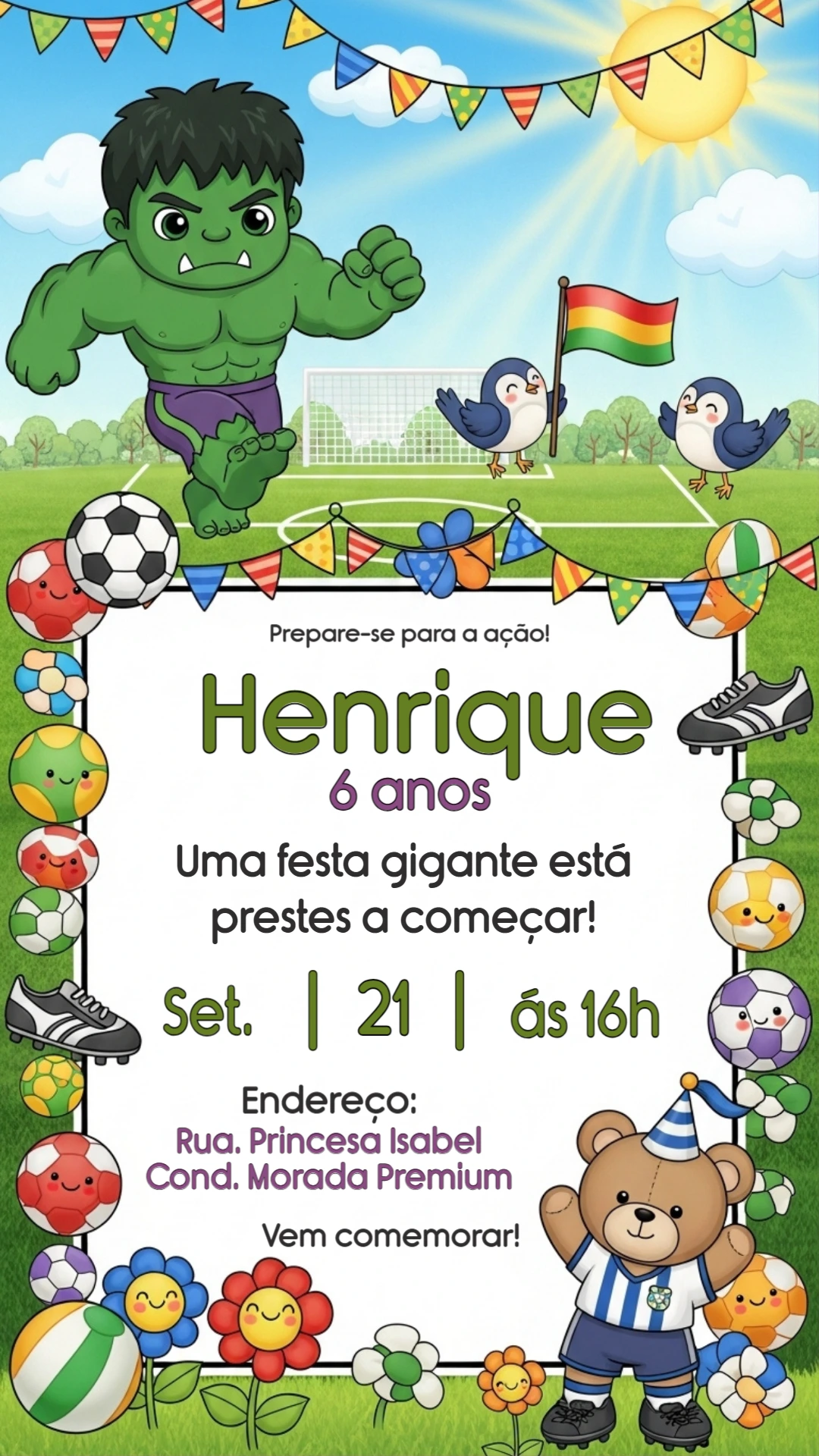 Convite de Aniversário Hulk e Futebol para Editar Online