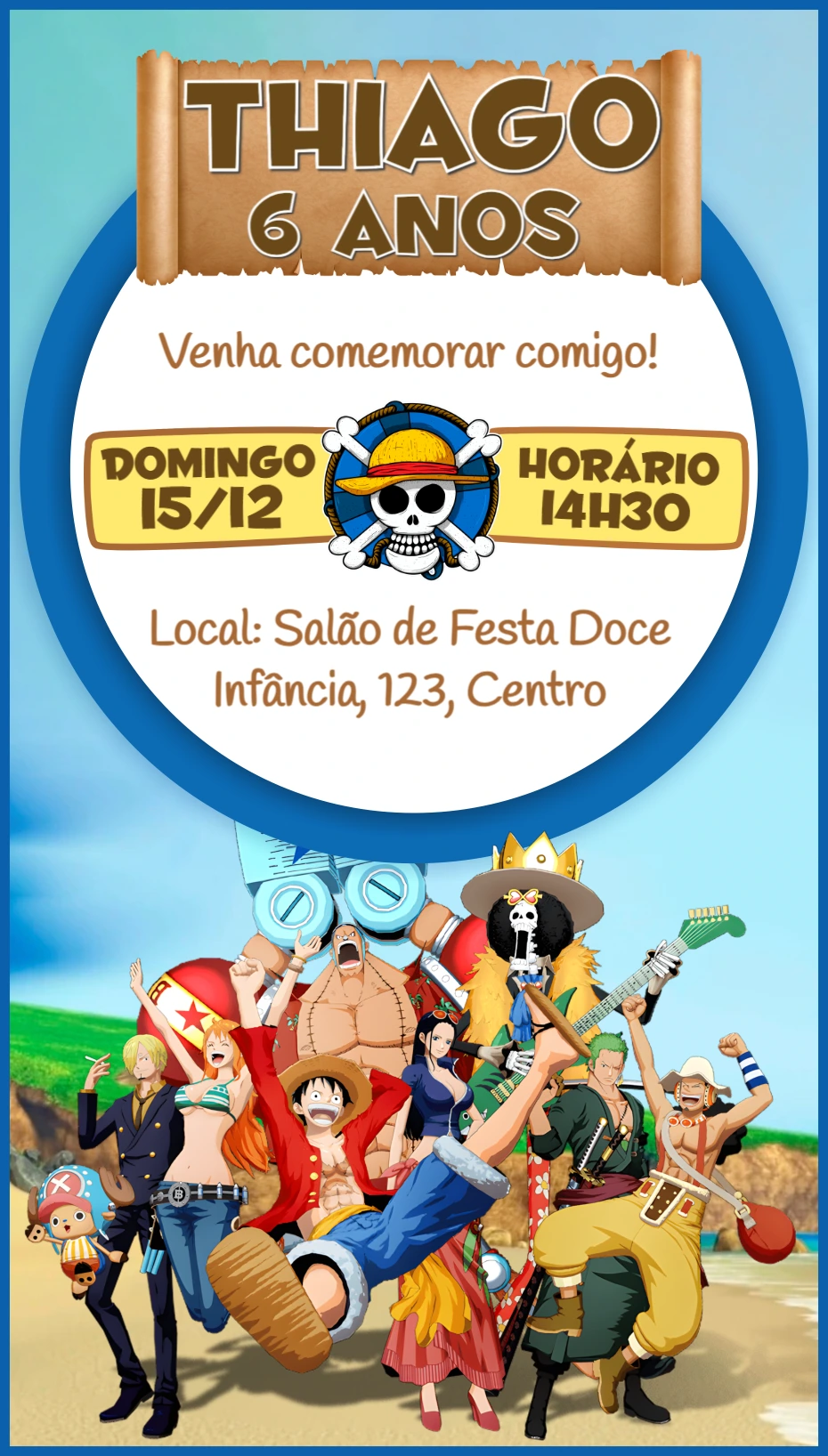 Convite Aniversário One Piece com Personagens para Editar Online