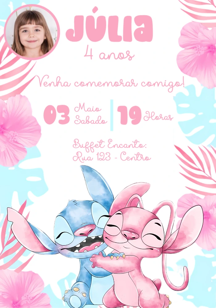 Convite Aniversário Stitch e Angel com Foto para Editar Online