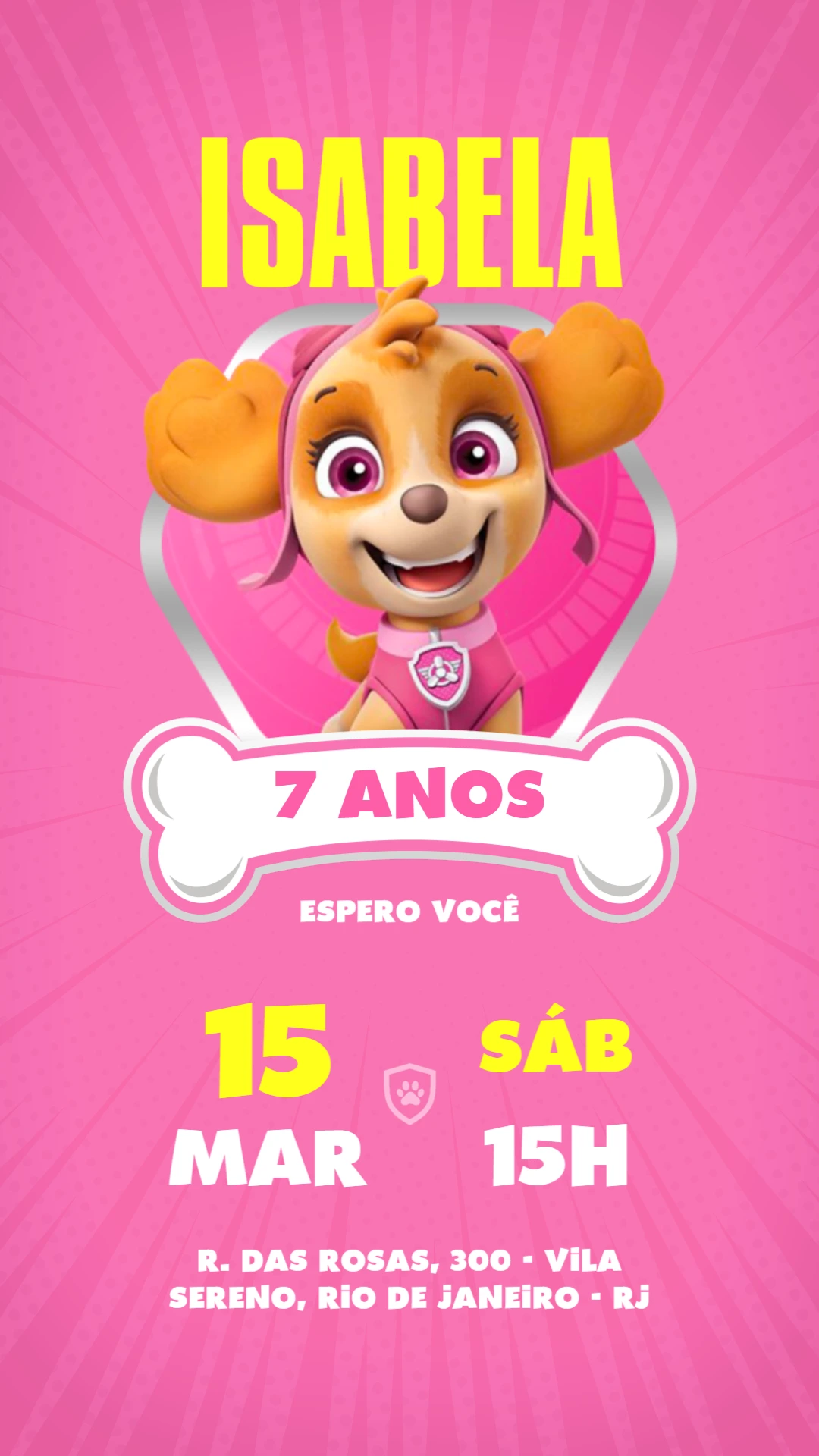 Convite da Skye Patrulha Canina Rosa para Editar Online