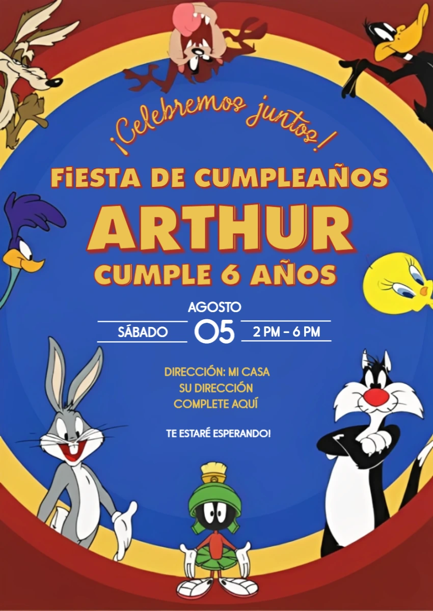 Invitación Digital Looney Tunes para Cumpleaños Infantil Editable