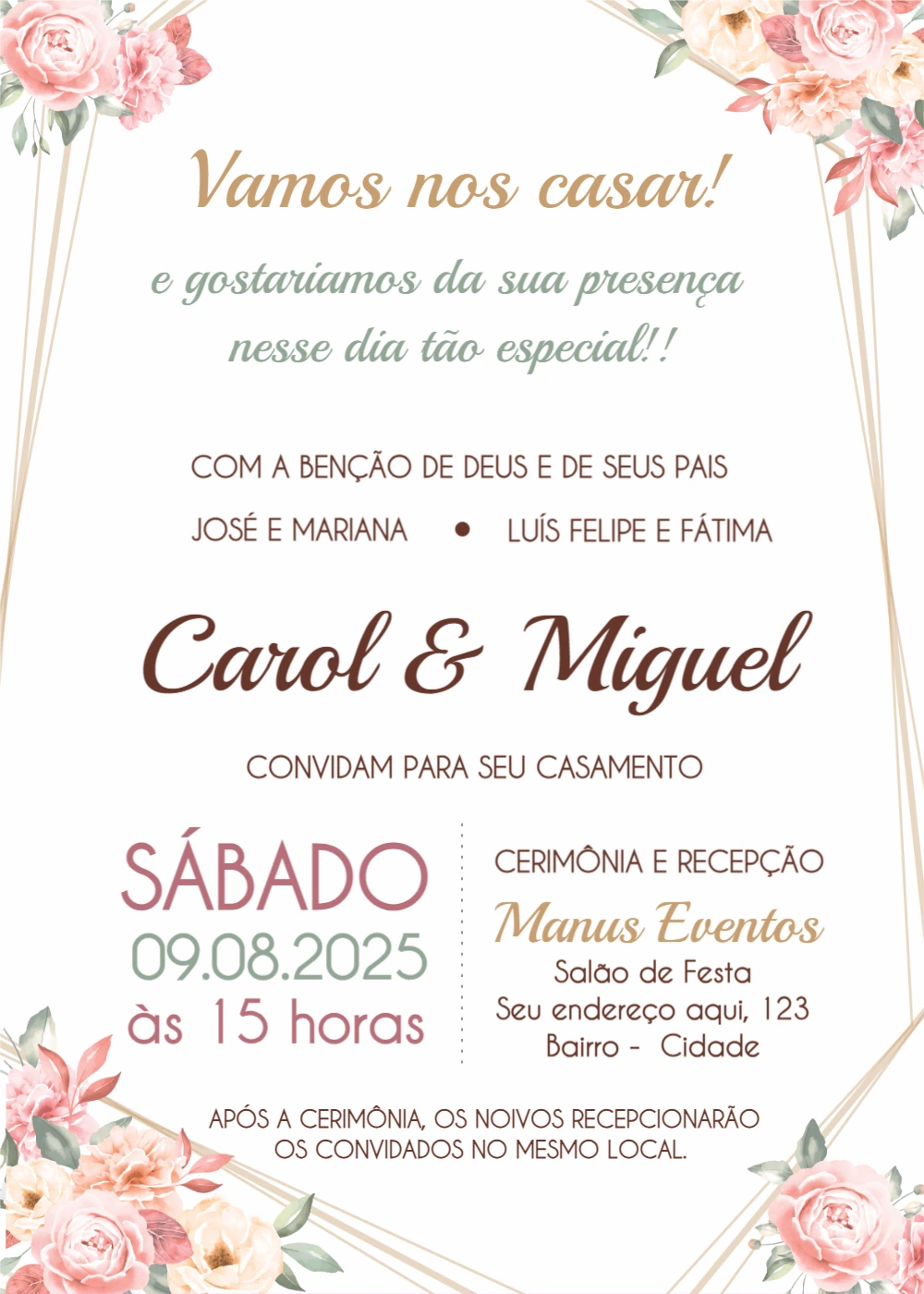 Convite de Casamento Floral e Geométrico para Editar Online