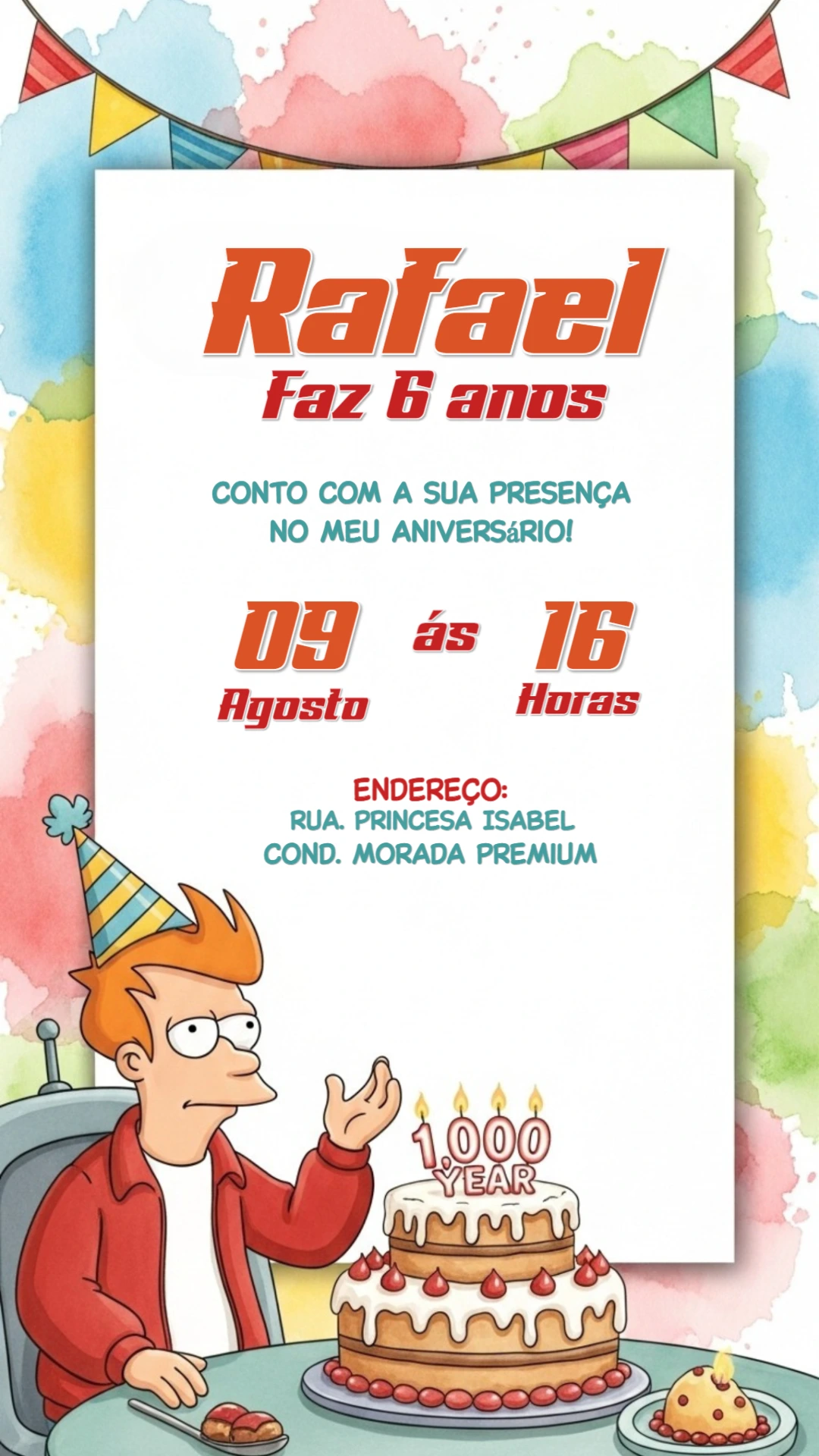 Convite de Aniversário Futurama com Personagem para Editar Online