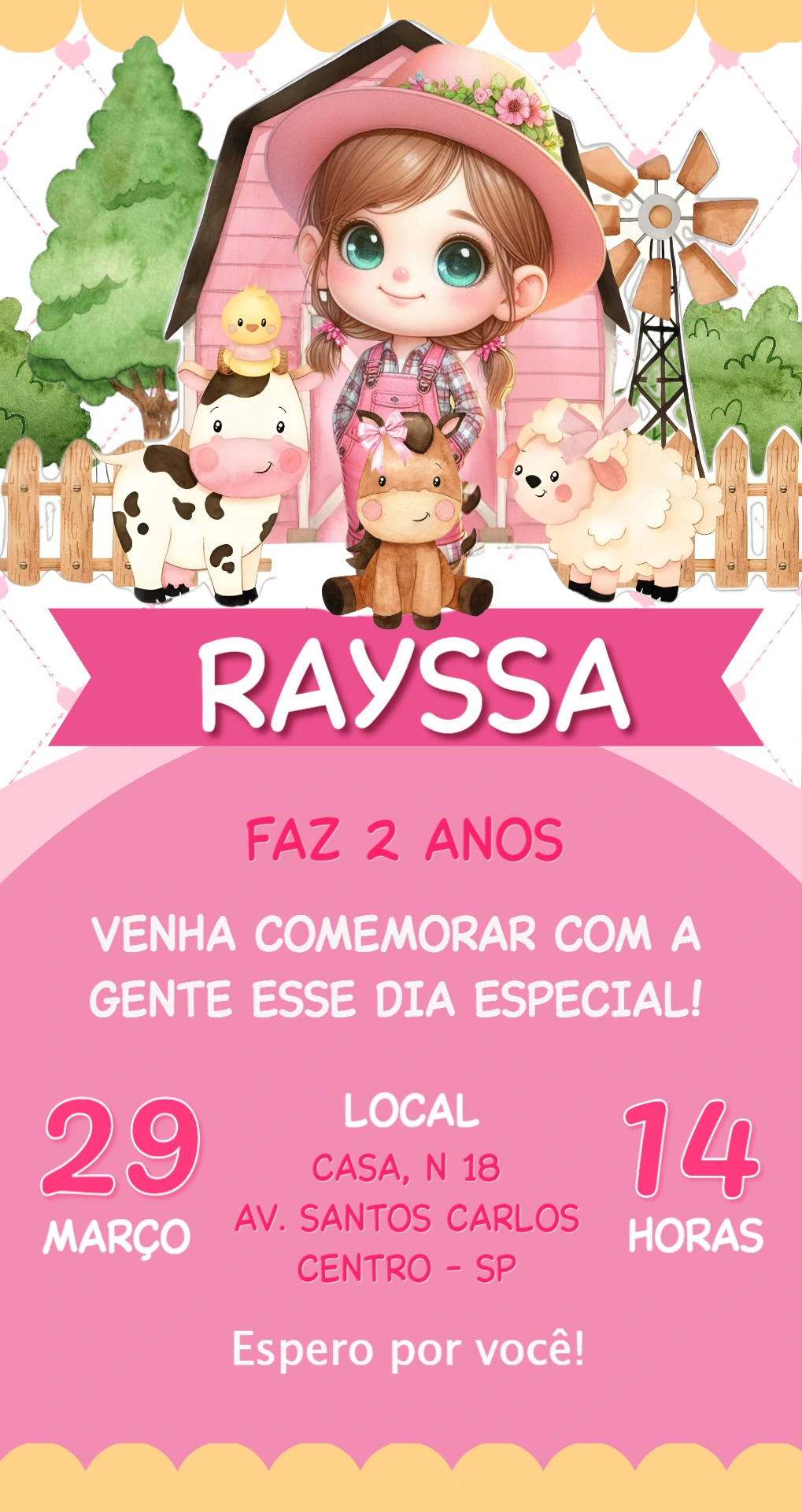 Convite de Aniversário Fazendinha Rosa para Editar