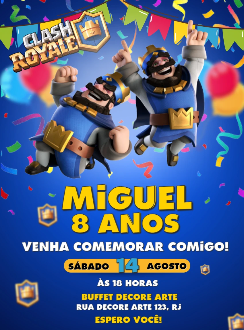 Convite de Aniversário Clash Royale com Personagens para Editar
