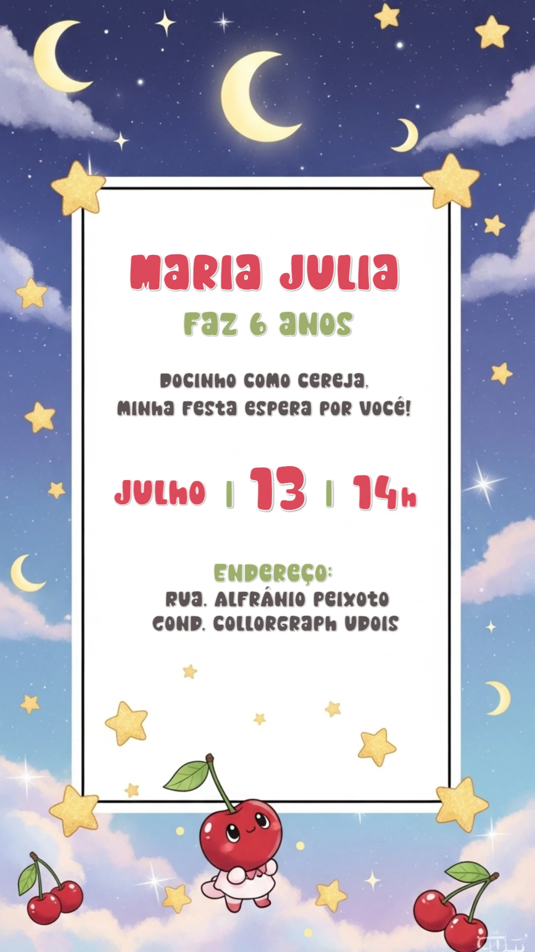 Convite de Aniversário Tema Cereja Doce para Editar Online