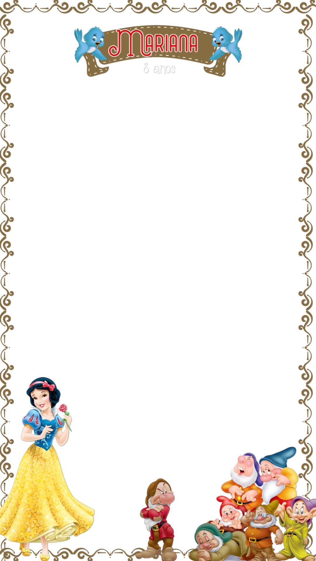 Moldura de Aniversário Branca de Neve para Stories para Editar