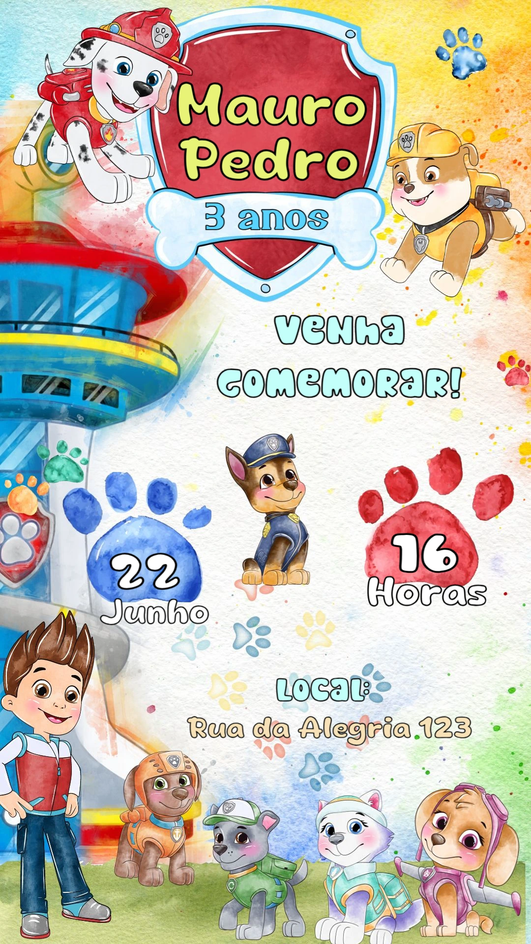 Convite Aniversário Patrulha Canina Aquarela para Editar Online