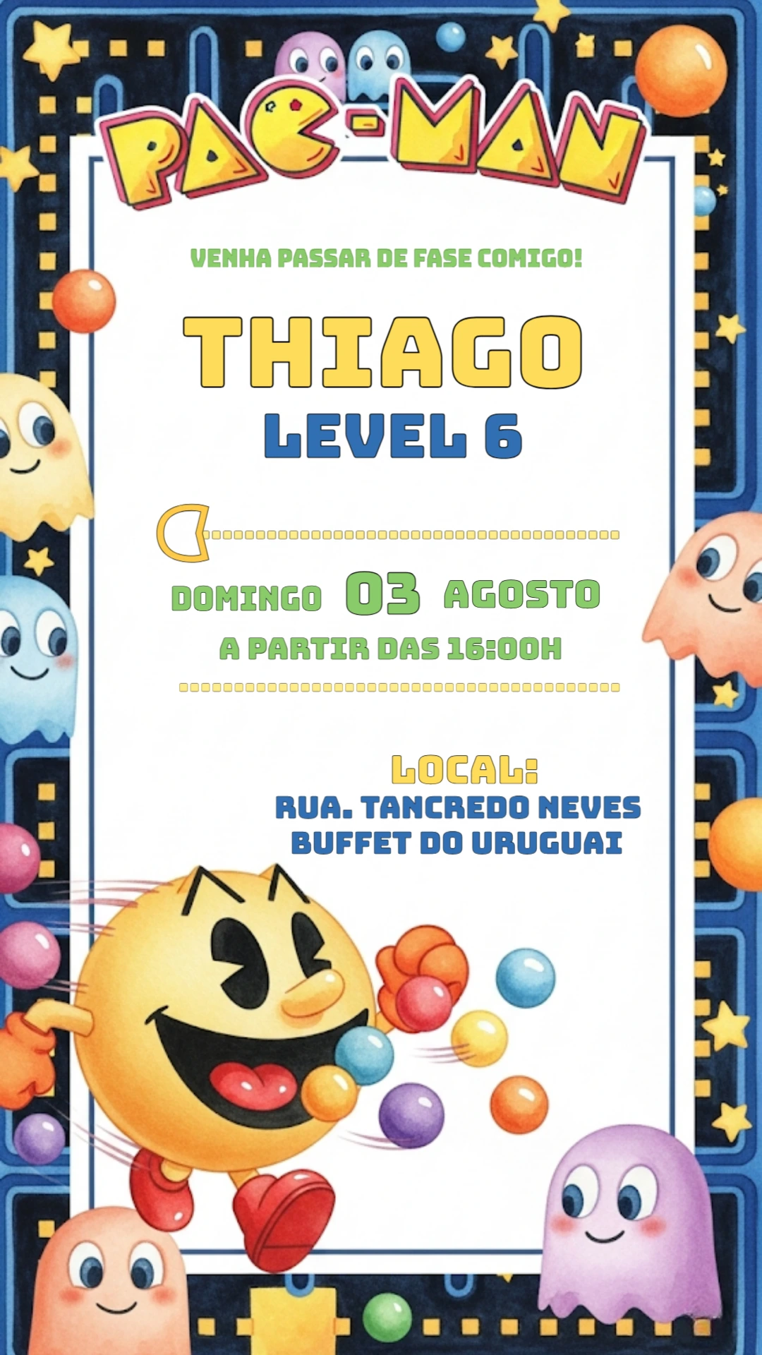 Convite de Aniversário Pac-Man com Personagens para Editar Online