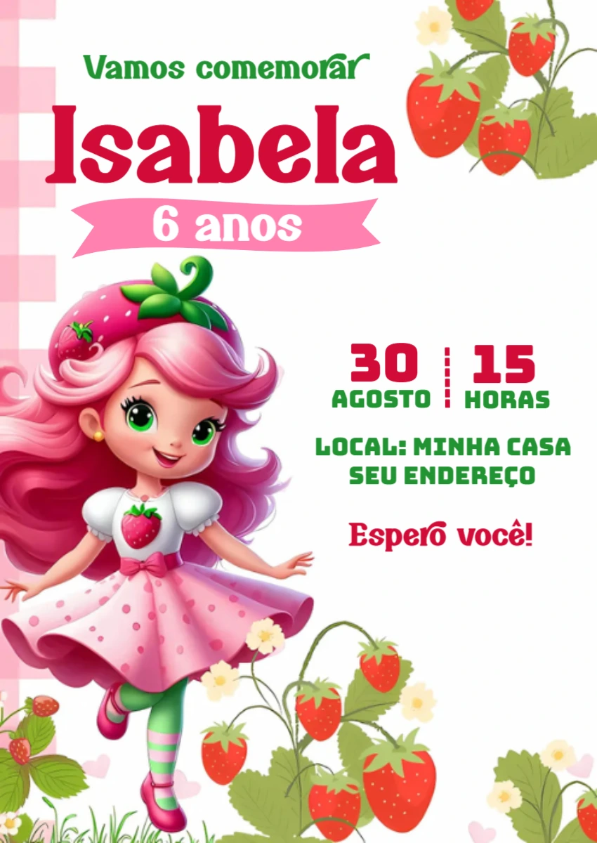 Convite Aniversário Moranguinho para Editar Online