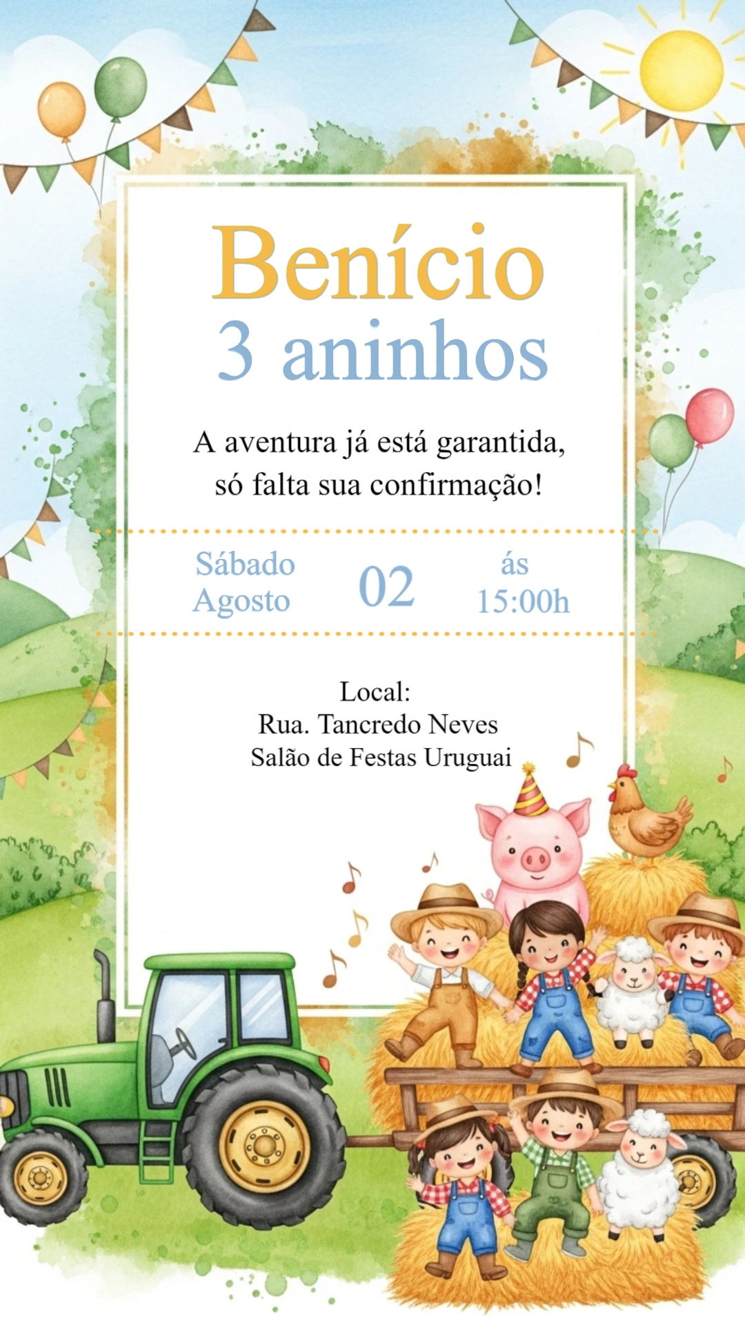 Convite de Aniversário Fazendinha com Trator para Editar