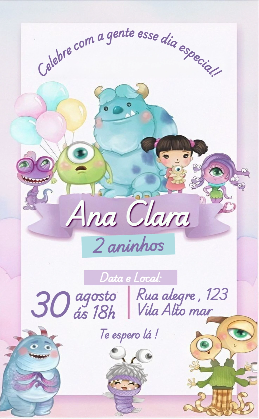 Convite Aniversário Monstros SA Fofo para Editar Online