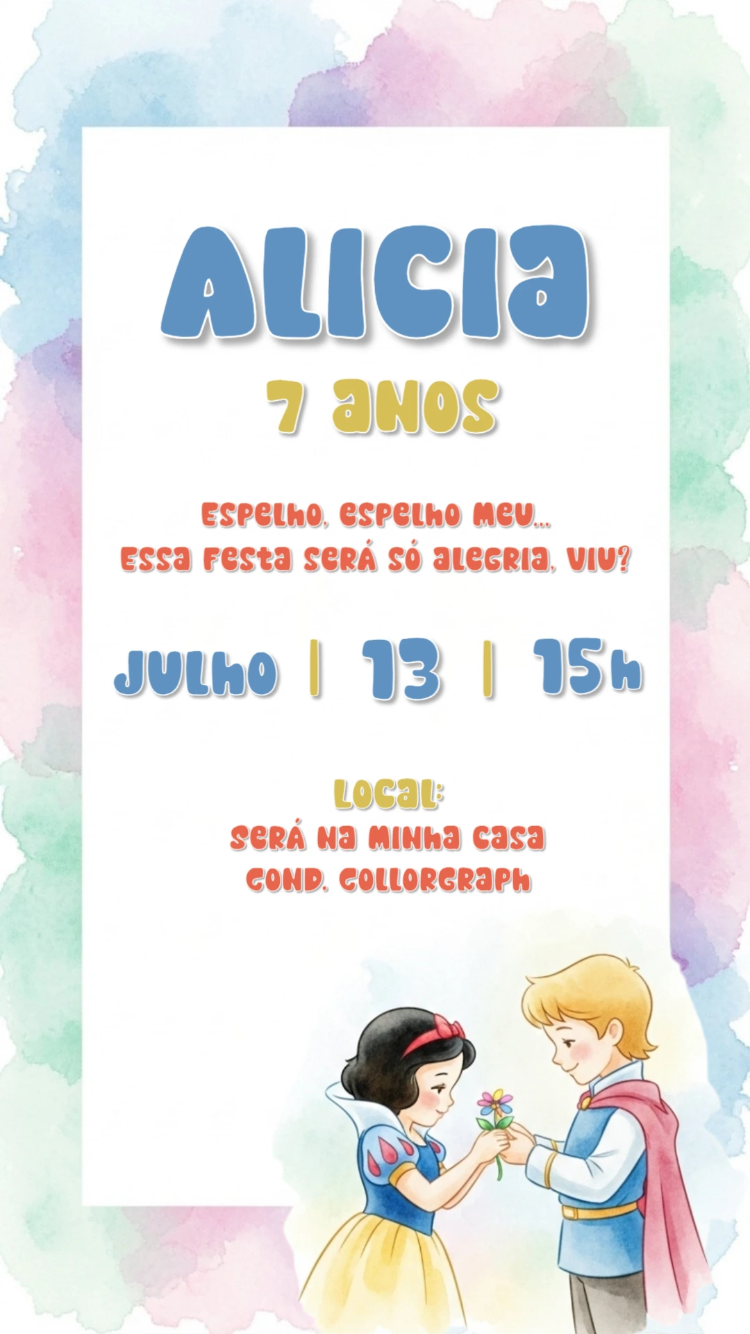 Convite Aniversário Branca de Neve Clássico para Editar Online