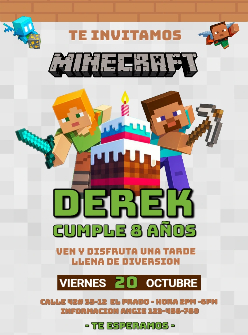 Invitación de Cumpleaños Minecraft Editable con Steve y Alex