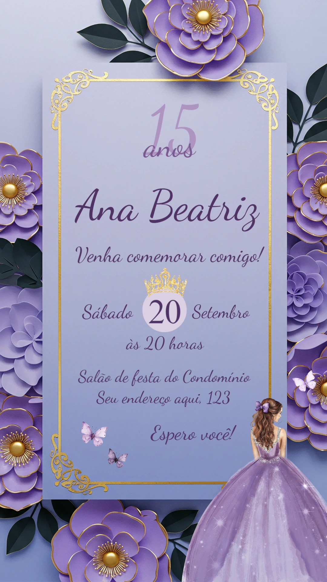 Convite de 15 Anos Lilás com Flores Douradas para Editar