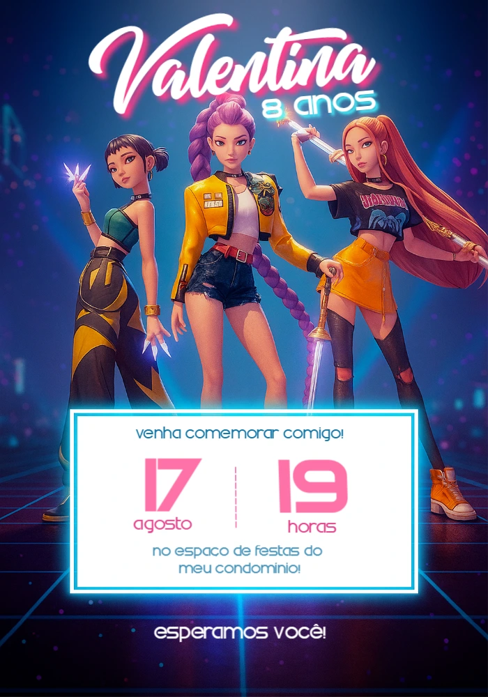 Convite de Aniversário Guerreiras K-pop para Editar Online