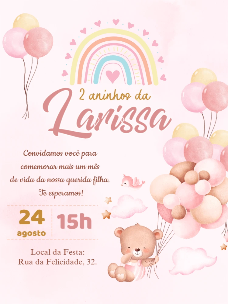 Convite Aniversário Ursinha Baloeira Aquarela para Editar Online