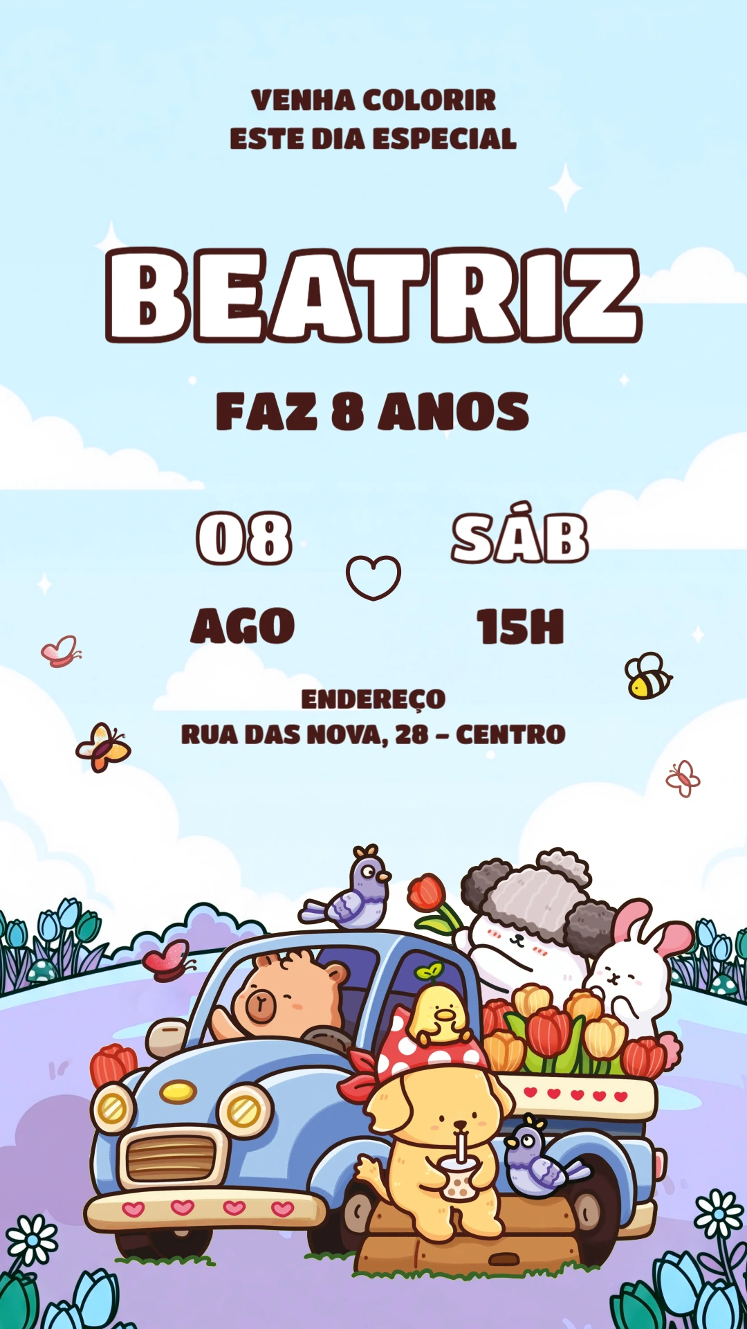 Convite de Aniversário Fofo Estilo Bobbie Goods para Editar