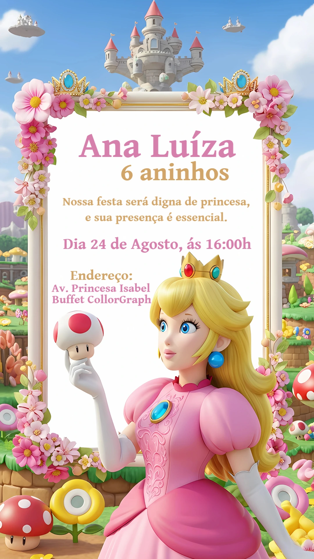 Convite de Aniversário Princesa Peach para Editar Online