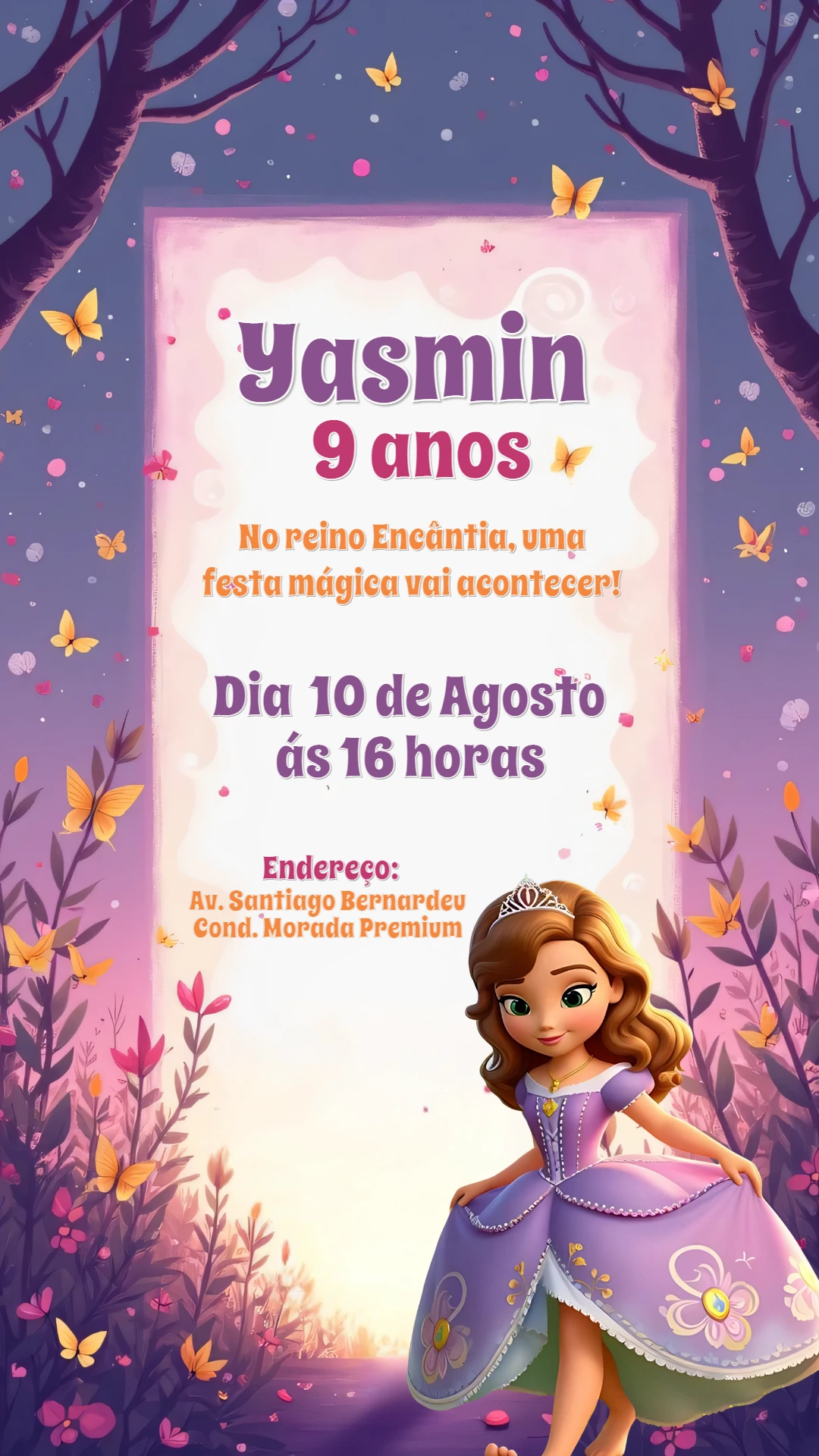 Convite Aniversário Princesa Sofia para Editar Online