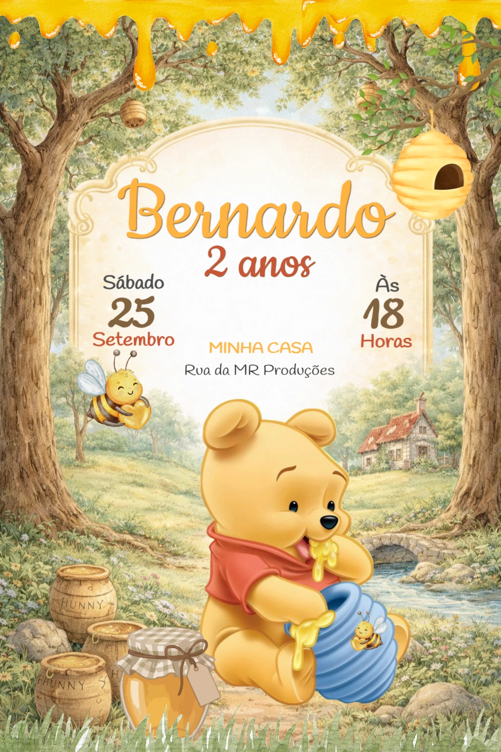 Convite de Aniversário Ursinho Pooh Clássico para Editar