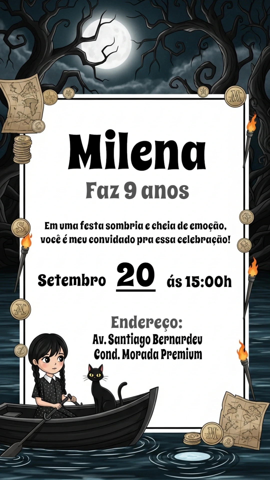 Convite de Aniversário Wandinha Addams para Editar Online