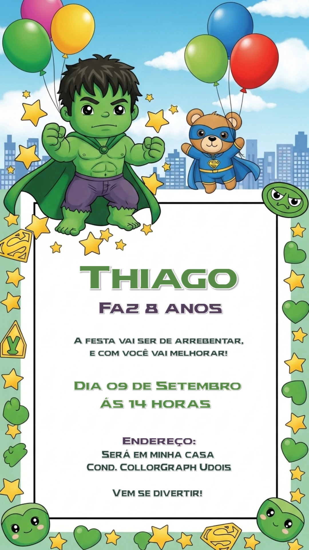 Convite Aniversário Hulk Super-Herói para Editar Online
