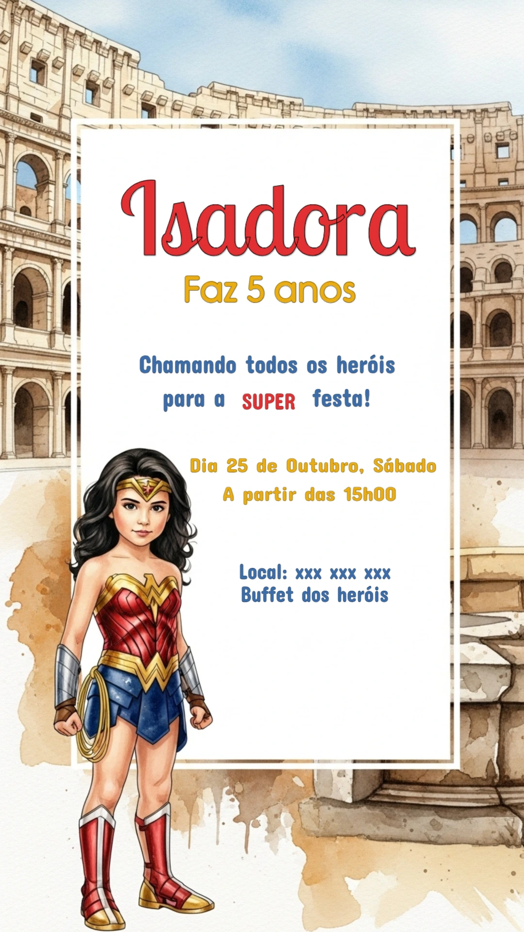 Convite de Aniversário Mulher Maravilha para Editar Online